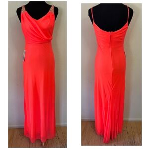 NWT Hailey Logan by Adrianna Papell Neon Coral Embellished Gown Women's 3/4